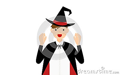 ãƒãƒ­ã‚¦ã‚£ãƒ³ã®ä»®è£…ã€é­”æ³•ä½¿ã„å§¿ã®ç”·ã®å­ãŒä¸¡æ‰‹ã‚’æ§‹ãˆã¦é©šã‹ã›ã‚‹ãƒãƒ¼ã‚º Stock Photo